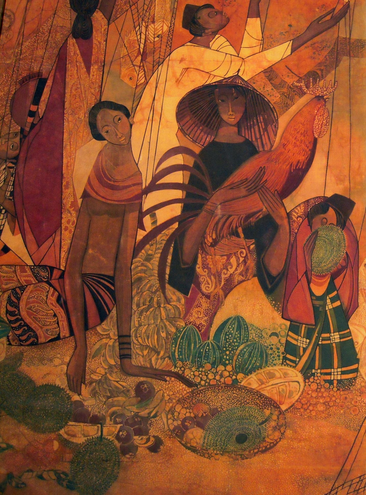 Detail from the second panel. Seah Kim Joo, Malayan Life. 1968. Batik on cloth. Collection of LASALLE College of the Arts.